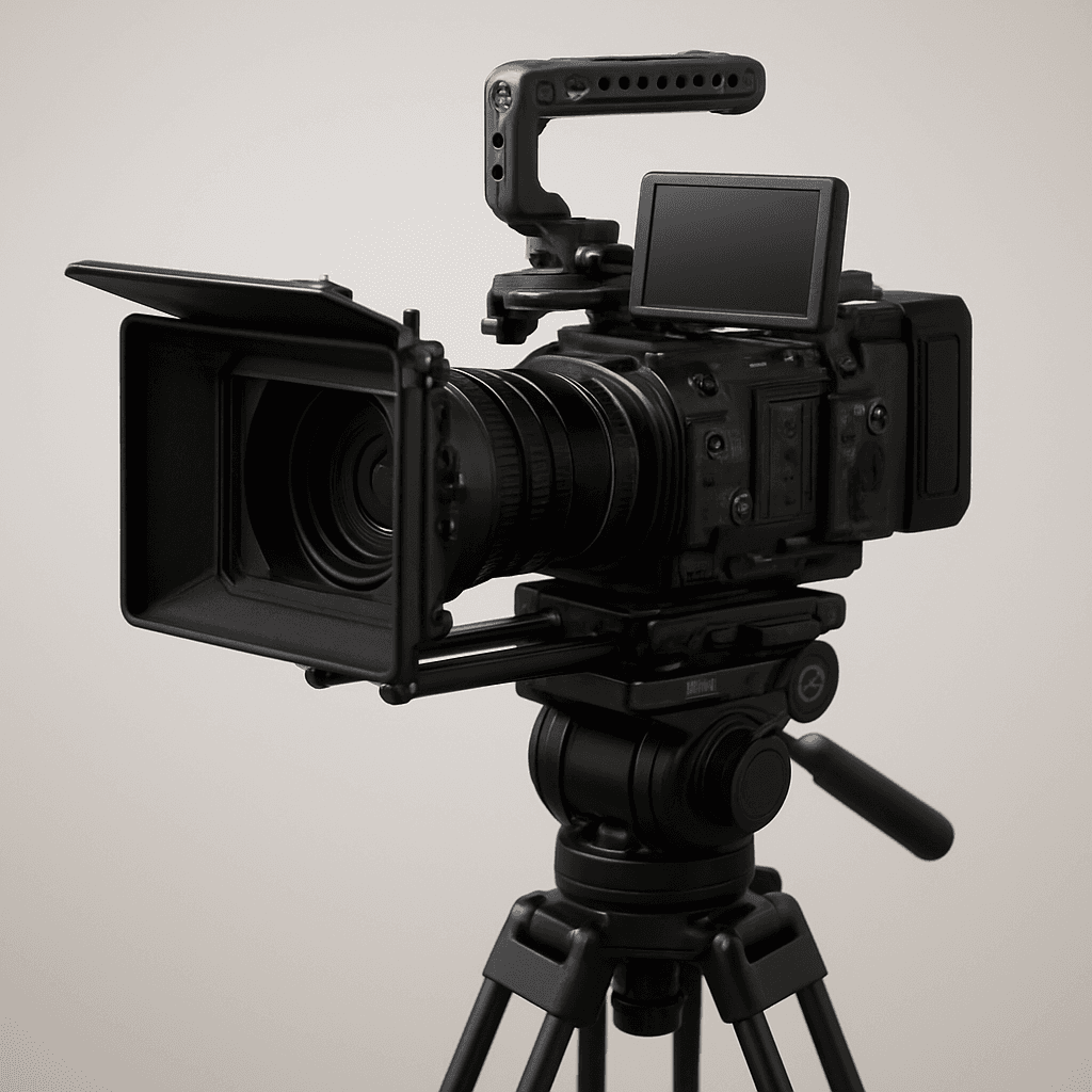 A cinema camera rig on a tripod