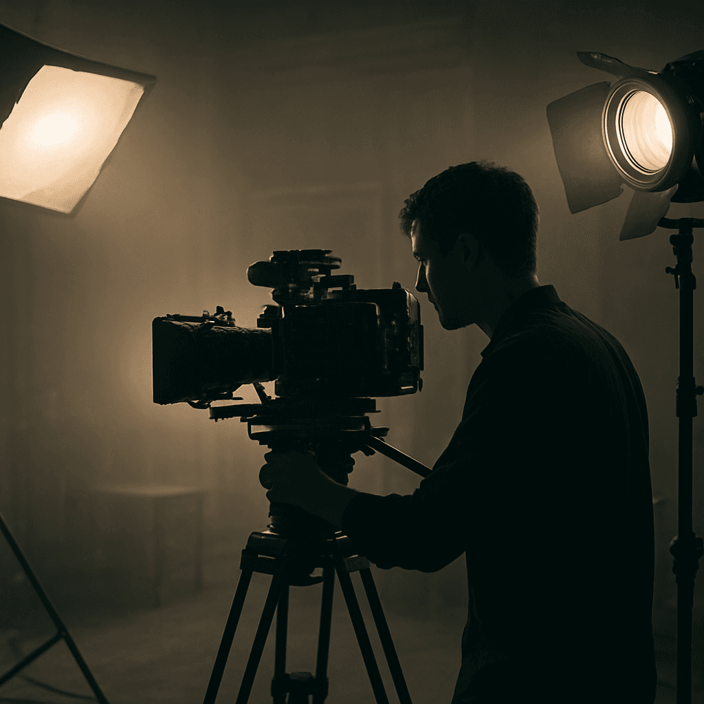 A videographer filming on set